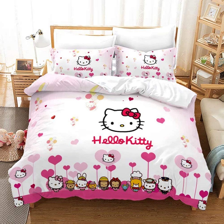 Sự đan xen nhẹ nhàng giữa hai tông trắng - hồng kết hợp họa tiết mèo Hello Kitty đặc trưng mang đến sự ngọt ngào, đáng yêu cho căn phòng của các cô bé